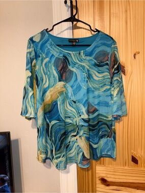 Antthony Teal Blue Multicolor Wave-Print Short Sleeve Top
